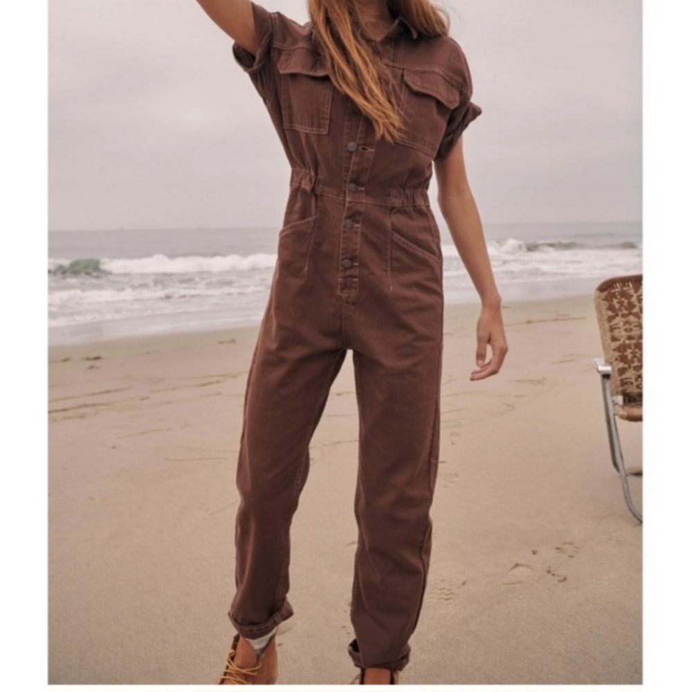 Free People Marci Coverall Jumpsuit Brown Women’s M Boiler Suit Straight Leg NEW